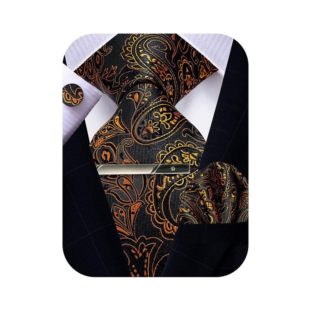 6789 Gold and Black Tie and Pocket Square Set, Silk Gold Paisley Tie